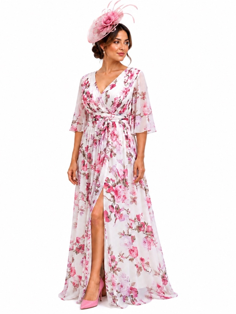 Adrianna Papell BlackLogo Floral Chiffon Maxi Gown Pink Rose Garden Party Dress